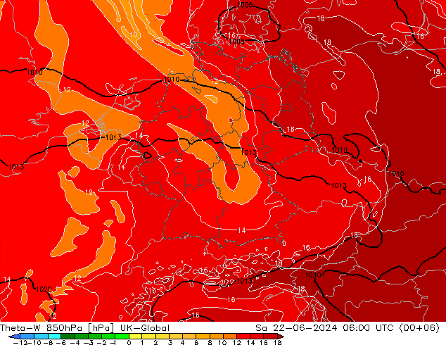 Theta-W 850hPa UK-Global so. 22.06.2024 06 UTC