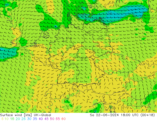 Viento 10 m UK-Global sáb 22.06.2024 18 UTC