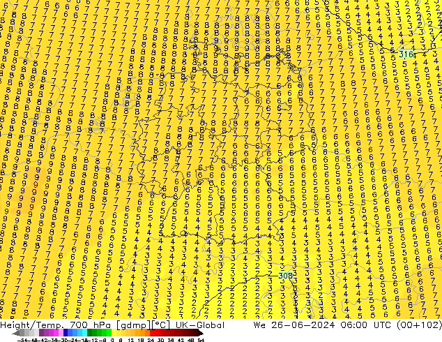 Geop./Temp. 700 hPa UK-Global mié 26.06.2024 06 UTC