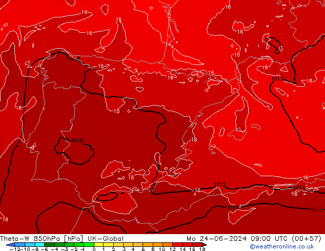 Theta-W 850hPa UK-Global Mo 24.06.2024 09 UTC