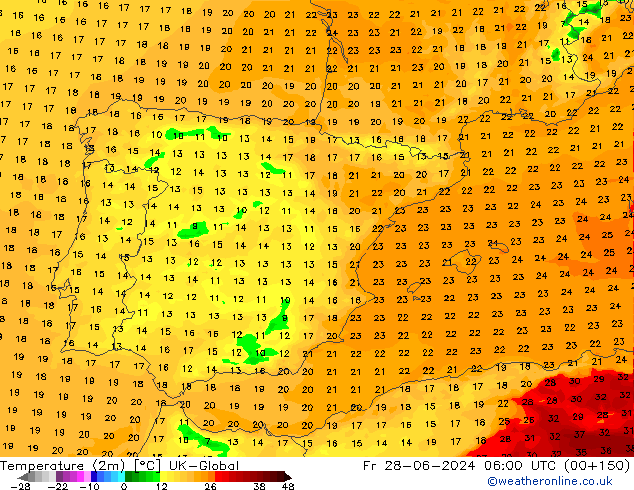 Temperatura (2m) UK-Global vie 28.06.2024 06 UTC