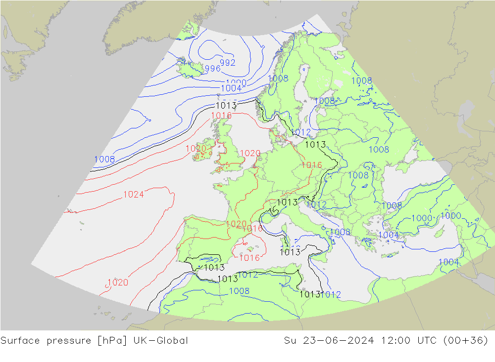 Luchtdruk (Grond) UK-Global zo 23.06.2024 12 UTC