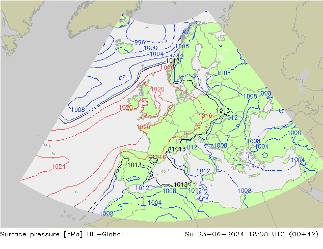 Pressione al suolo UK-Global dom 23.06.2024 18 UTC