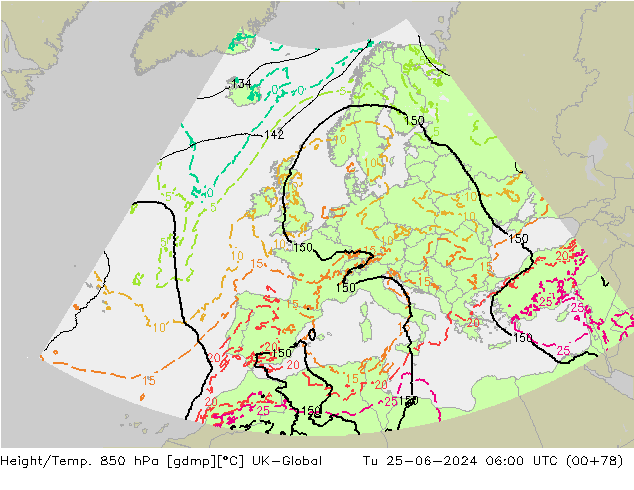 Height/Temp. 850 hPa UK-Global Út 25.06.2024 06 UTC