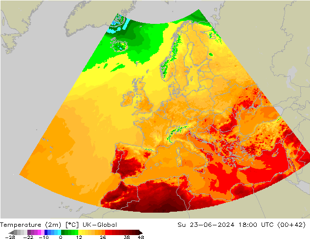 Temperatura (2m) UK-Global dom 23.06.2024 18 UTC