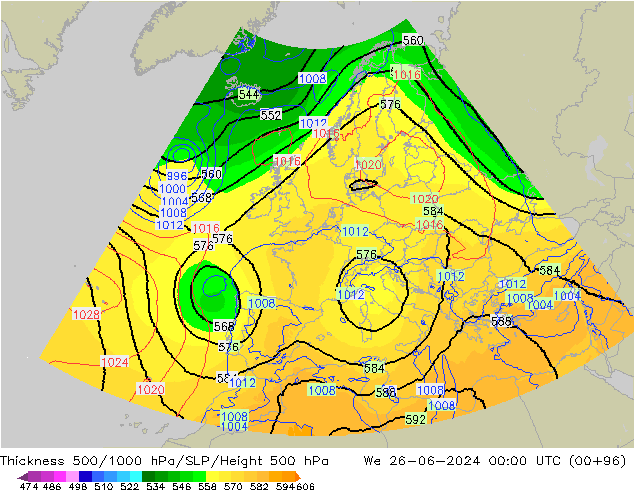 Espesor 500-1000 hPa UK-Global mié 26.06.2024 00 UTC