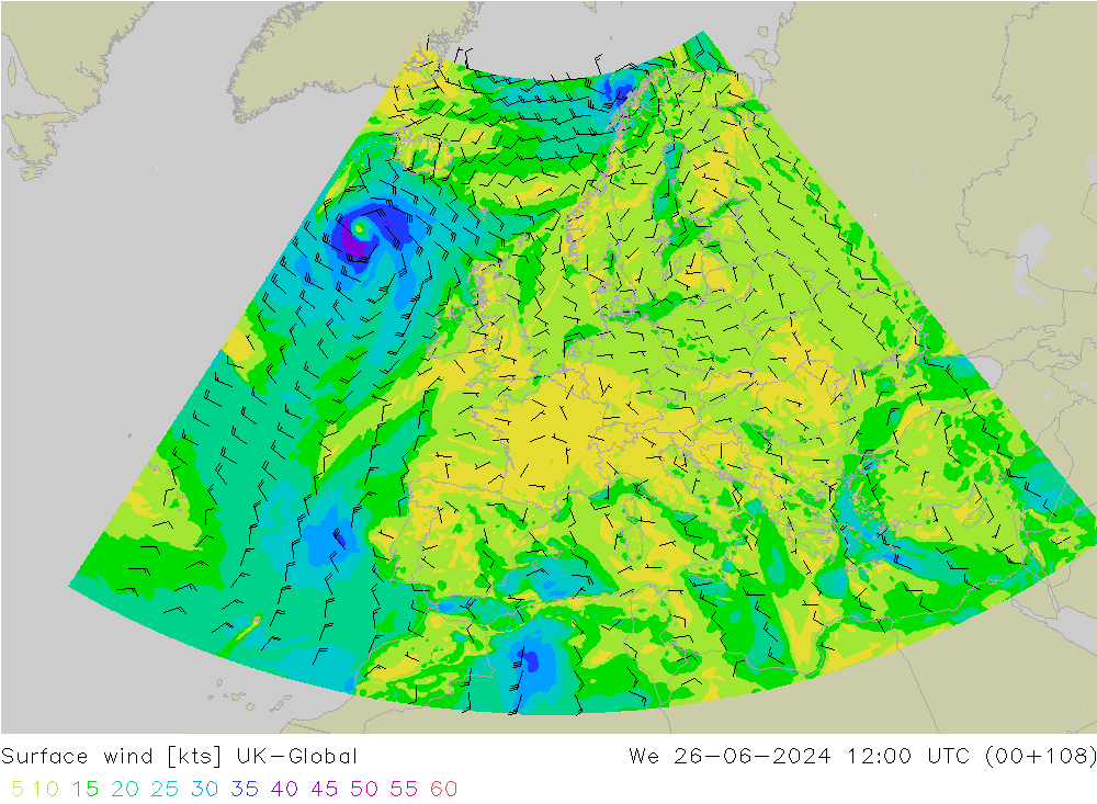 Surface wind UK-Global We 26.06.2024 12 UTC