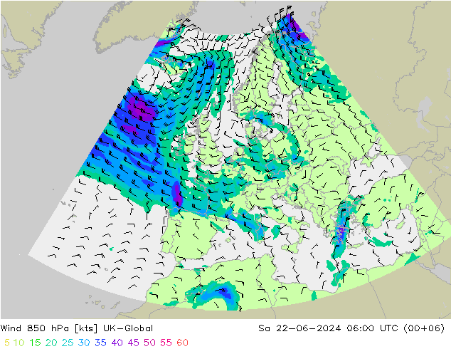 风 850 hPa UK-Global 星期六 22.06.2024 06 UTC