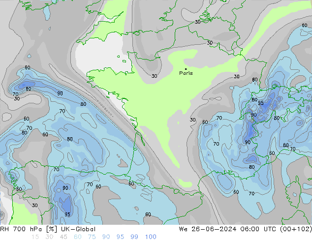 Humedad rel. 700hPa UK-Global mié 26.06.2024 06 UTC