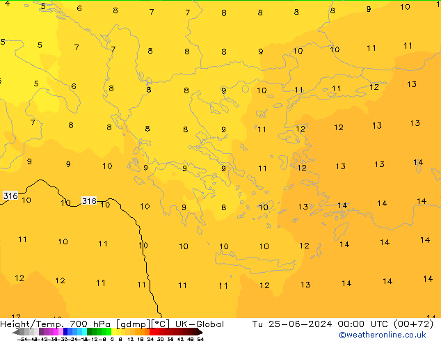 Height/Temp. 700 гПа UK-Global вт 25.06.2024 00 UTC