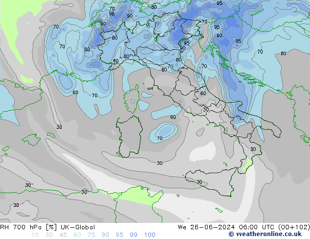 RH 700 hPa UK-Global We 26.06.2024 06 UTC