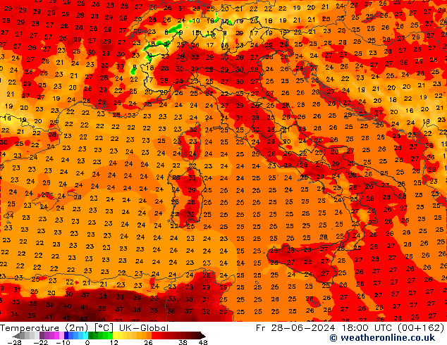 température (2m) UK-Global ven 28.06.2024 18 UTC