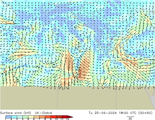 Vento 10 m (bft) UK-Global Ter 25.06.2024 18 UTC