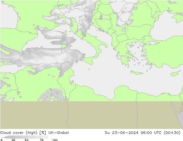 Cloud cover (high) UK-Global Su 23.06.2024 06 UTC