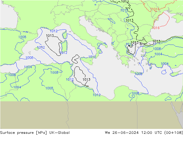 Presión superficial UK-Global mié 26.06.2024 12 UTC