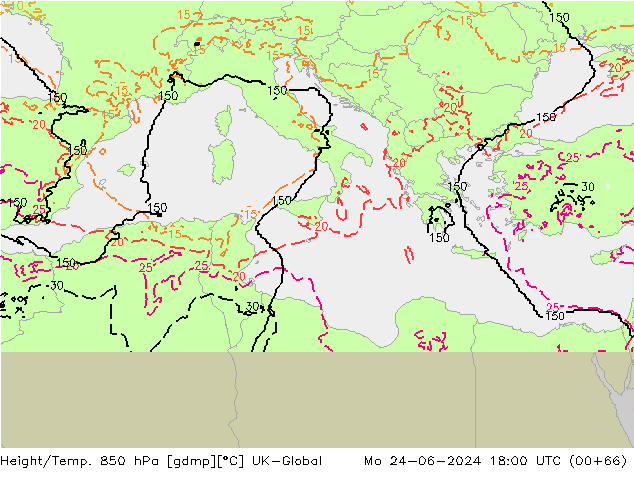 Hoogte/Temp. 850 hPa UK-Global ma 24.06.2024 18 UTC