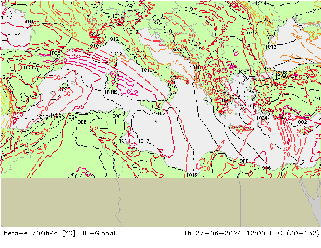Theta-e 700hPa UK-Global Th 27.06.2024 12 UTC