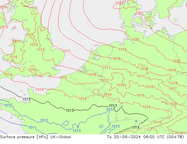 Surface pressure UK-Global Tu 25.06.2024 06 UTC