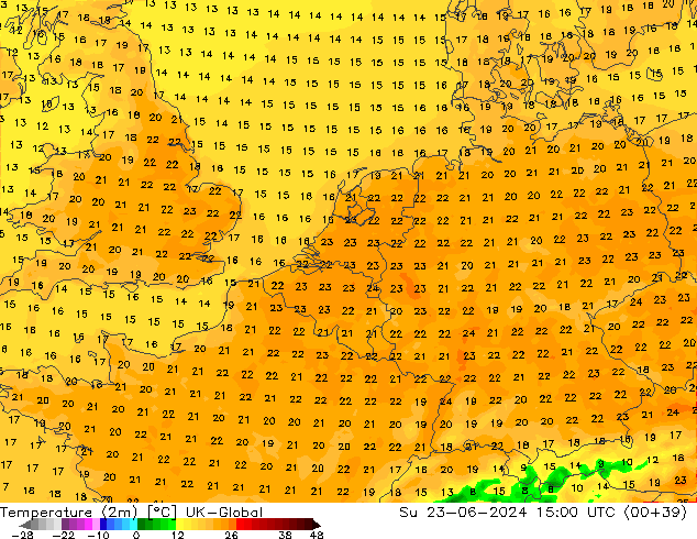 Temperatura (2m) UK-Global dom 23.06.2024 15 UTC