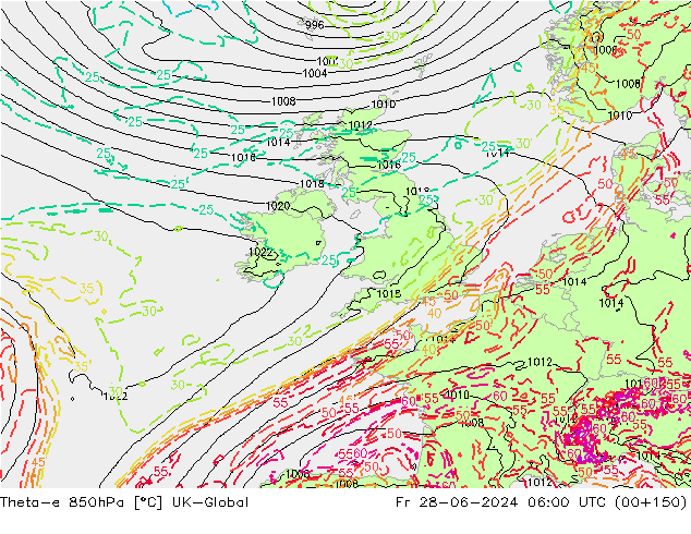 Theta-e 850hPa UK-Global ven 28.06.2024 06 UTC