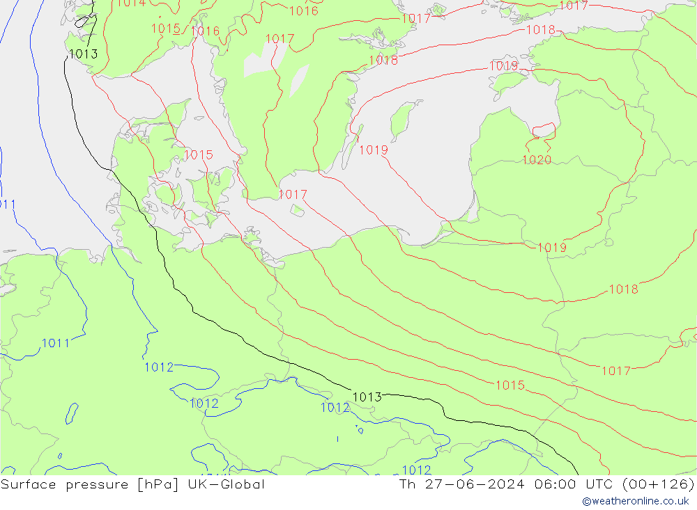 Presión superficial UK-Global jue 27.06.2024 06 UTC