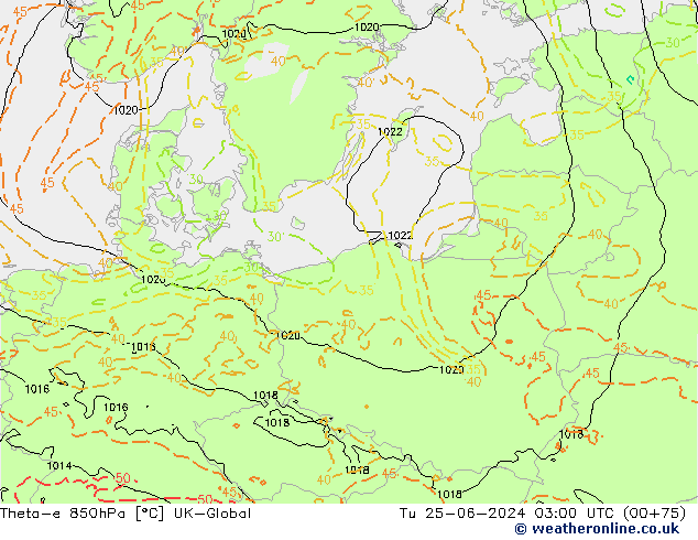 Theta-e 850hPa UK-Global Út 25.06.2024 03 UTC