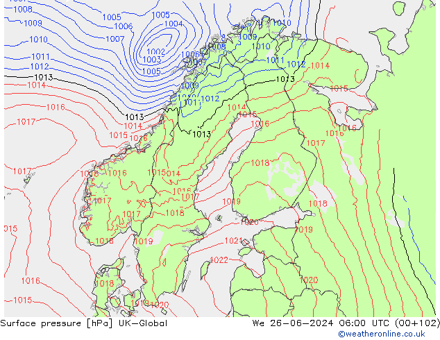 Surface pressure UK-Global We 26.06.2024 06 UTC