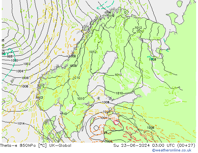 Theta-e 850hPa UK-Global Su 23.06.2024 03 UTC