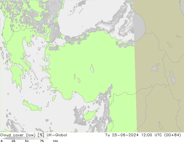 Cloud cover (low) UK-Global Tu 25.06.2024 12 UTC