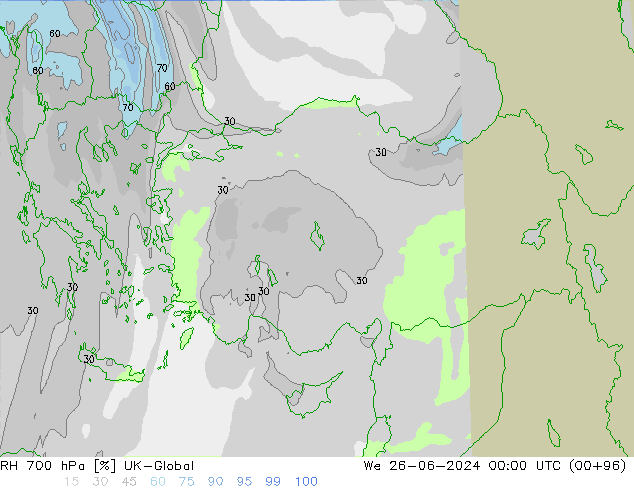Humidité rel. 700 hPa UK-Global mer 26.06.2024 00 UTC