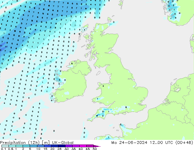 Precipitazione (12h) UK-Global lun 24.06.2024 00 UTC