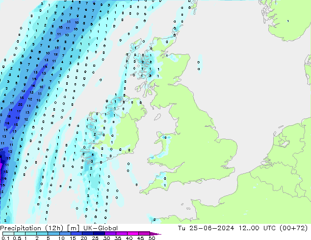 Totale neerslag (12h) UK-Global di 25.06.2024 00 UTC