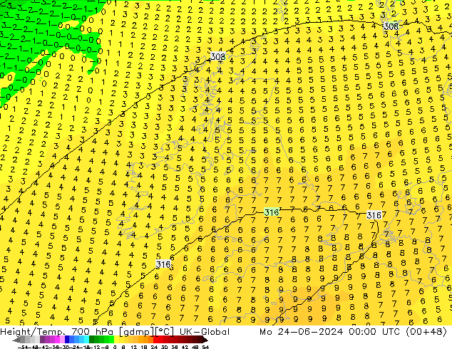 Height/Temp. 700 hPa UK-Global Mo 24.06.2024 00 UTC