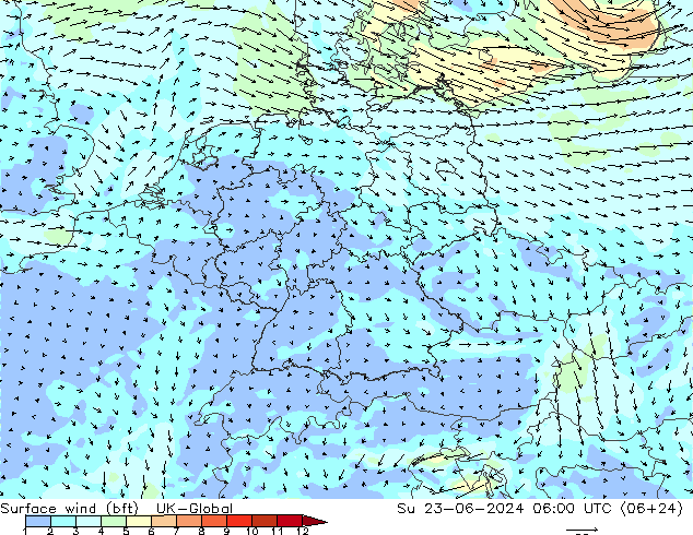 Surface wind (bft) UK-Global Su 23.06.2024 06 UTC