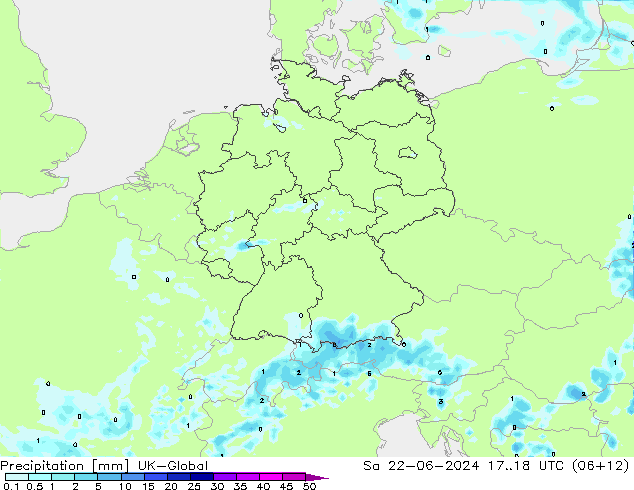 Srážky UK-Global So 22.06.2024 18 UTC