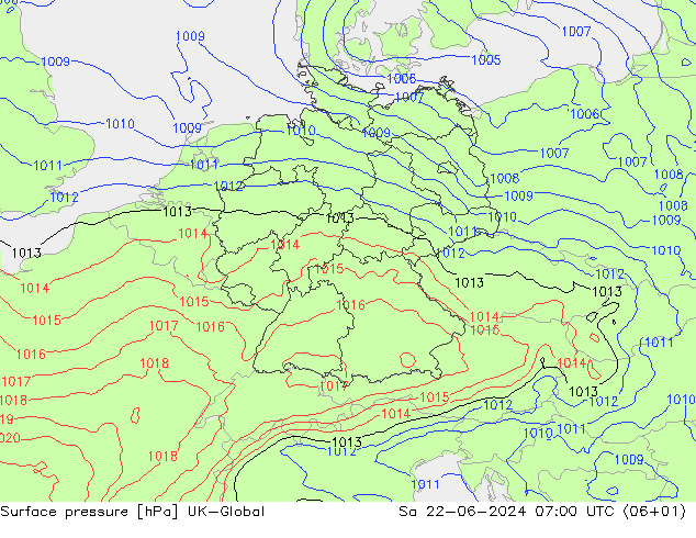 地面气压 UK-Global 星期六 22.06.2024 07 UTC