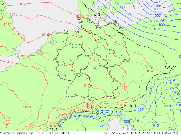Pressione al suolo UK-Global dom 23.06.2024 02 UTC