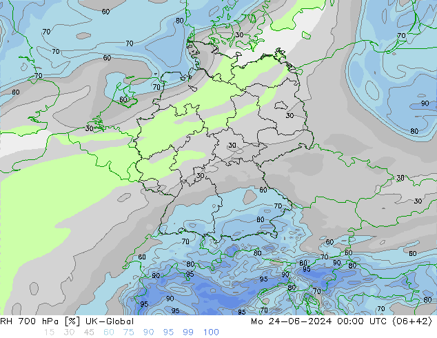 RH 700 hPa UK-Global Mo 24.06.2024 00 UTC