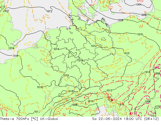 Theta-e 700hPa UK-Global Sáb 22.06.2024 18 UTC