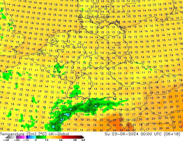 température (2m) UK-Global dim 23.06.2024 00 UTC