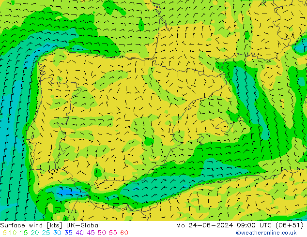 Vento 10 m UK-Global lun 24.06.2024 09 UTC