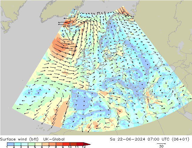 Surface wind (bft) UK-Global So 22.06.2024 07 UTC