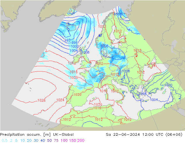 Precipitation accum. UK-Global Sa 22.06.2024 12 UTC