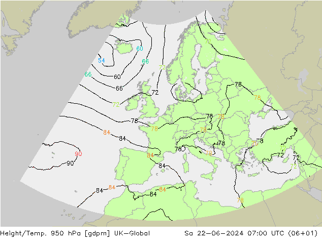 Height/Temp. 950 hPa UK-Global 星期六 22.06.2024 07 UTC