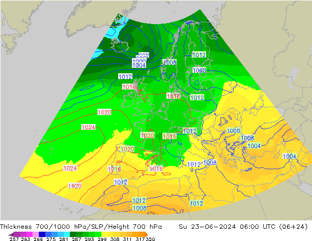 Espesor 700-1000 hPa UK-Global dom 23.06.2024 06 UTC