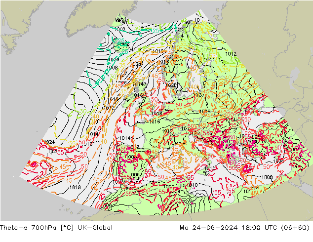 Theta-e 700hPa UK-Global 星期一 24.06.2024 18 UTC