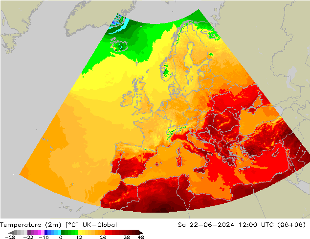 mapa temperatury (2m) UK-Global so. 22.06.2024 12 UTC