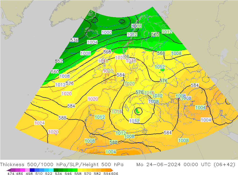 Thck 500-1000hPa UK-Global Po 24.06.2024 00 UTC