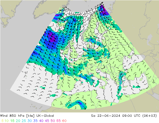 风 850 hPa UK-Global 星期六 22.06.2024 09 UTC