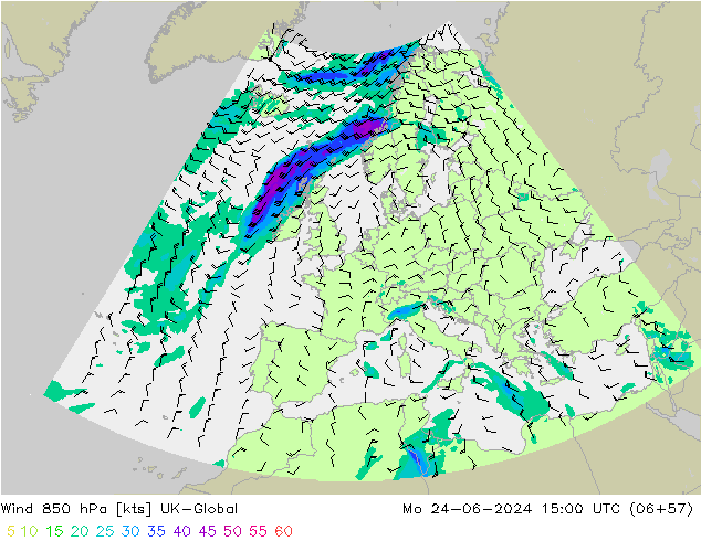 Wind 850 hPa UK-Global Po 24.06.2024 15 UTC